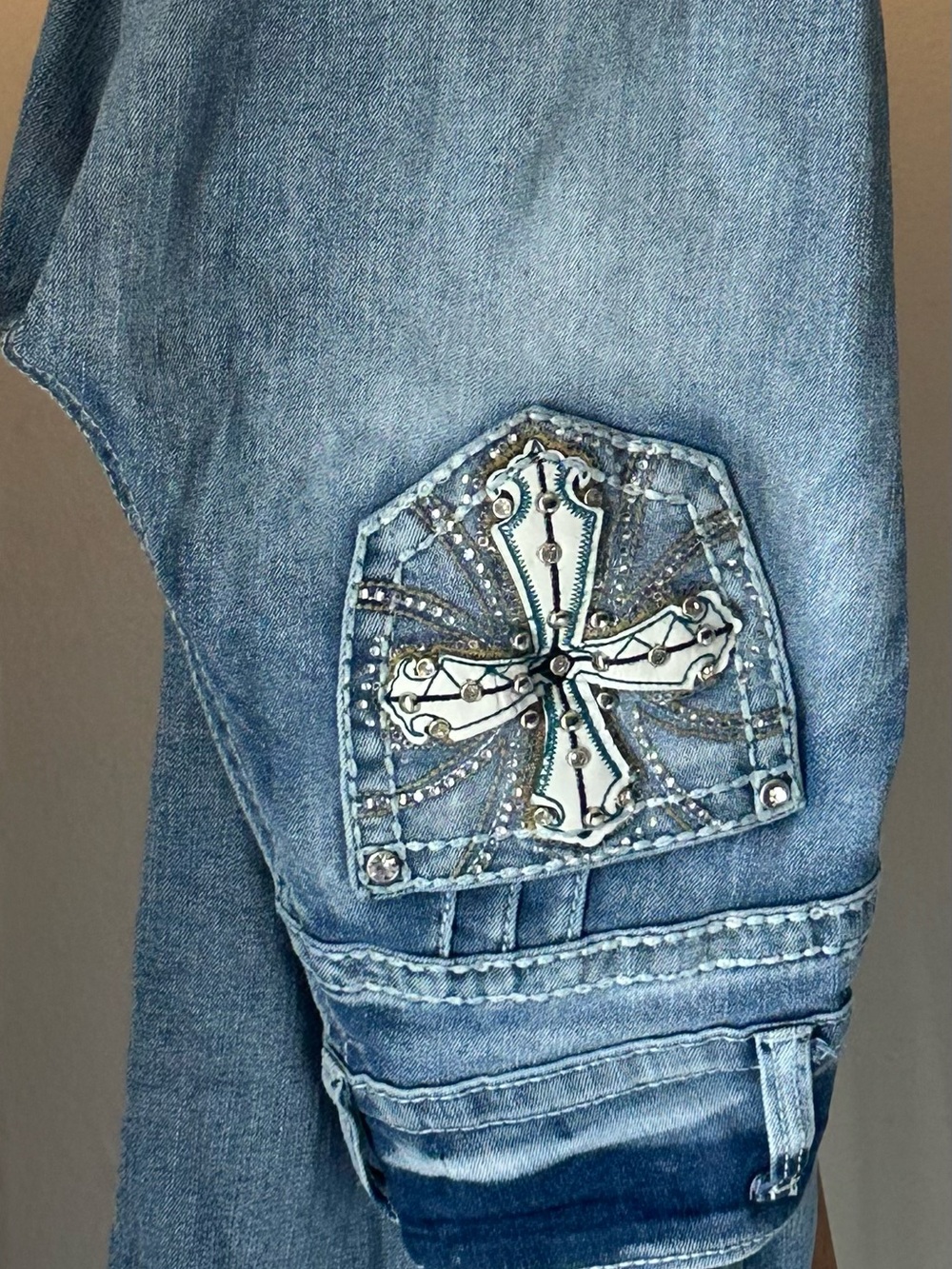 Sky Light Blue Embellished Cross Pocket Jeans
